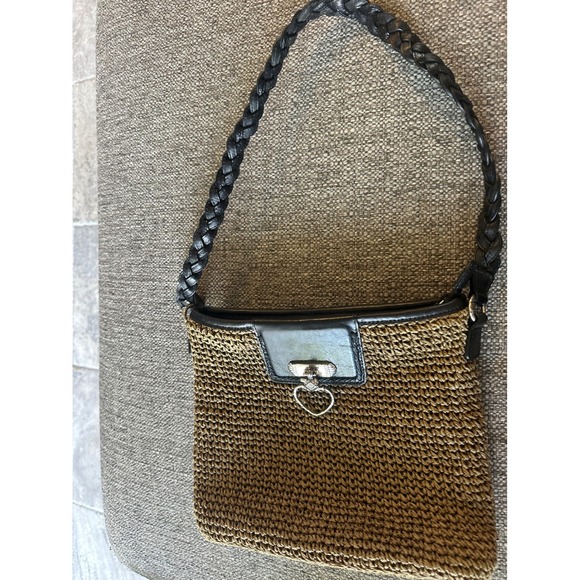 Vintage‎ Brighton Straw Leather Heart Charm Shoulder Bag Women's Tan Black - Picture 9 of 13